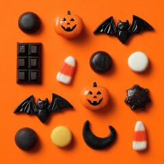Halloween candies over orange background.