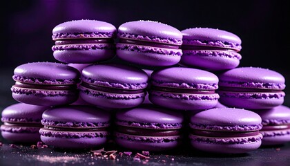 Stack of Purple Macarons on Dark Background Intense Lighting Detailed Close Up Sweet Treats Delicious Desserts Confectionery Photography