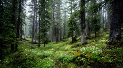 Fototapeta premium Verdant forest scene features tall, slender trees with lush green foliage and a carpet of wildflowers, all enveloped in a misty, atmospheric ambiance under a subdued, cloudy sky.
