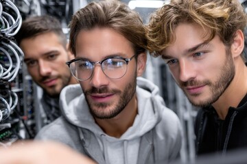 Team of IT professionals collaborating in data center with servers and cables