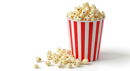 Classic red and white striped popcorn tub overflowing with freshly popped kernels