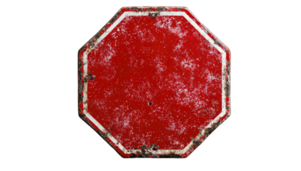 Weathered, octagonal red sign with white border, isolated on black. Shows rust & aging