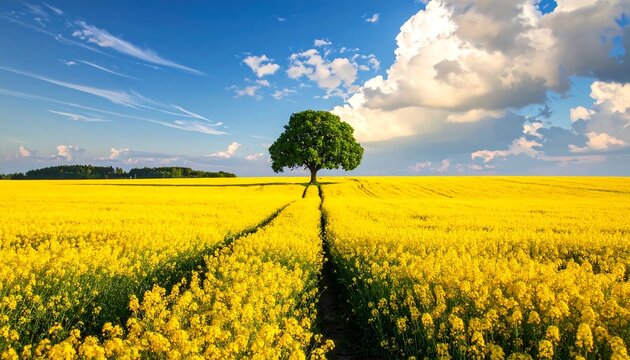 Stunning Landscape of a lone tree in a vibrant yellow rapeseed field