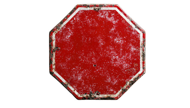 Weathered, octagonal red sign with white border, isolated on black. Shows rust & aging