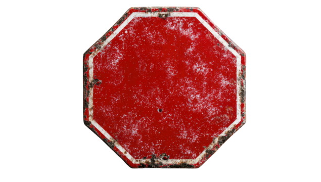 Weathered, octagonal red sign with white border, isolated on black. Shows rust & aging - Powered by Adobe