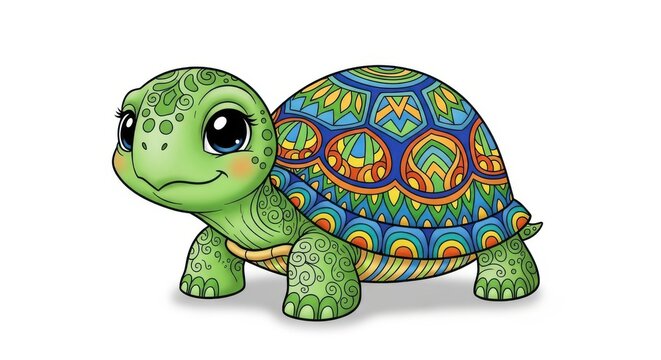 Cute turtle cartoon illustration with colorful shell and big eyes