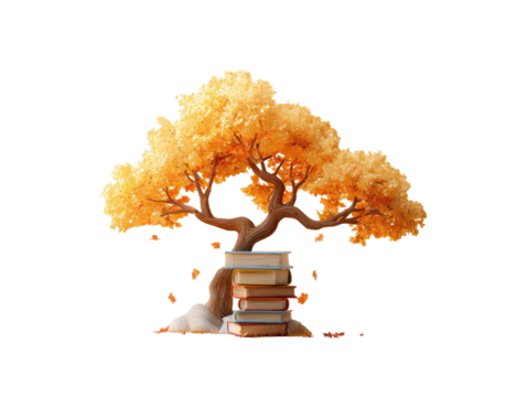 Animated golden-leafed tree growing from a stack of books, against a black background - Powered by Adobe