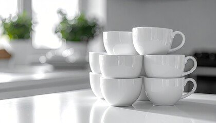 Stack of White Ceramic Cups on a White Countertop in Bright Kitchen