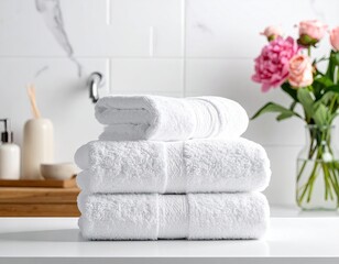 Stack of White Towels on White Countertop with Marble Backsplash and Floral Arrangement