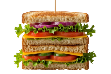 Tall stacked sandwich with lettuce tomato cheese and onion isolated on a transparent background