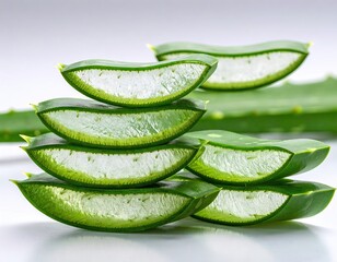 Stacked Aloe Vera Slices on White Reflective Surface Close Up View in Studio Lighting Freshness and Translucence