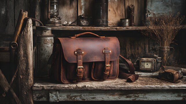 Rustic leather satchel bag on weathered wood shelf, vintage workshop still life, artisanal quality