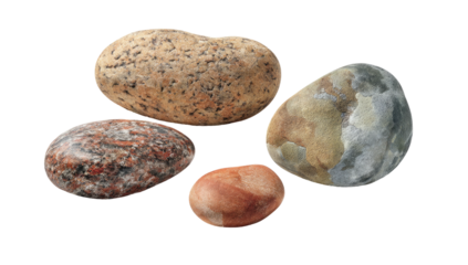 Four assorted smooth river rocks with varying colors and textures are isolated against black