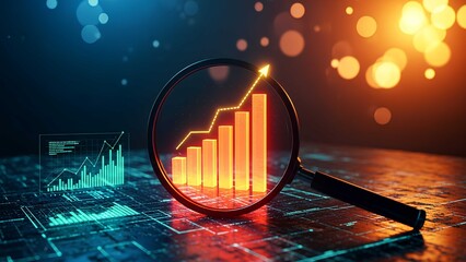 Magnifying glass highlights financial bar chart with rising arrow, representing business growth, investment success, profit strategy, and economic performance.