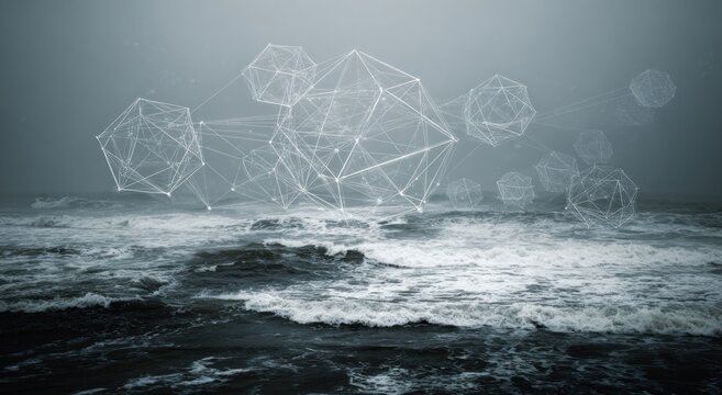 Geometric shapes float above a stormy sea.