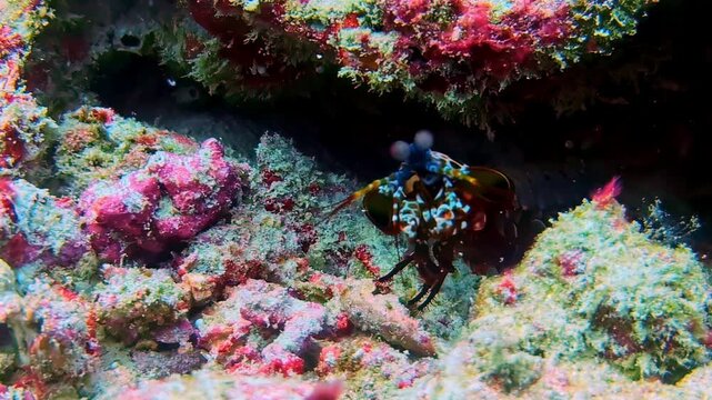 A vibrantly patterned Mantis Shrimp peers out from its burrow or crevice, surrounded by multicolored red and pink encrusting coral and rock in a close-up shot of the reef.