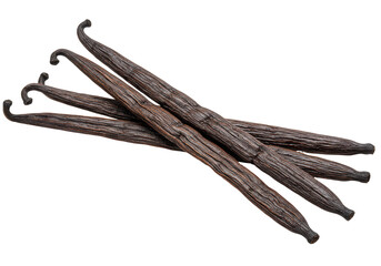 Aromatic vanilla beans isolated on transparent background, dark brown pods for gourmet cooking and baking flavoring