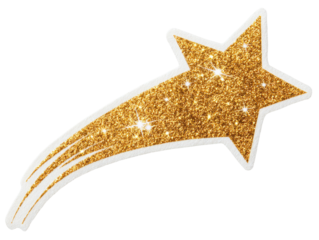 A golden, glittery shooting star sticker with a white border and a black background