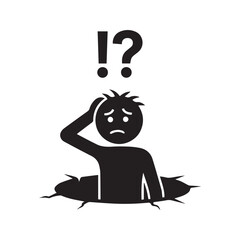 Confused Person Emerging from a Hole Icon, Stick Figure with Question Marks Symbolizing a Trap, Problem, or Discovery.
