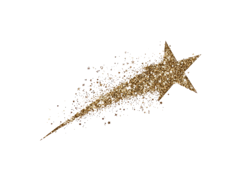 Glittering golden shooting star with a trail of sparkles against a solid black background