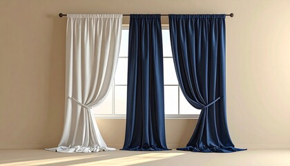 Elegant Window with White and Blue Curtains Against Beige Wall