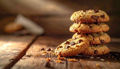 Stacked Chocolate Chip Cookies on Rustic Wooden Table with Crumbs and Warm Lighting Food Photography