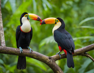 Obraz premium Two toucan tropical bird sitting on a tree branch in natural wildlife environment in rainforest jungle., toucan on a branch