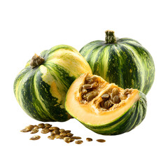 Fresh Green Striped Pumpkin Halved with Seeds, Isolated on White Background for Advertising and Design