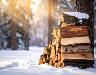 Stacked Firewood Logs Covered in Snow Under Winter Sunlight in Forest,  Natural Wood Pile in Snowy Landscape, Tree Trunk Background, Rustic Firewood