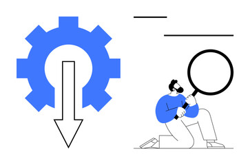 Man crouching with magnifying glass near a gear and downward arrow symbolizing process analysis, improvement, and efficiency. Ideal for research, workflow, strategy, engineering, innovation