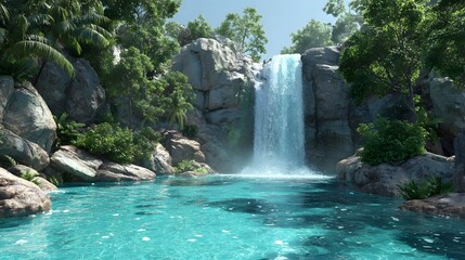 Naklejka premium Dramatic waterfall cascades into a turquoise pool of water surrounded by lush green trees and large gray rocks under a bright sunny sky, creating a serene and peaceful natural landscape.