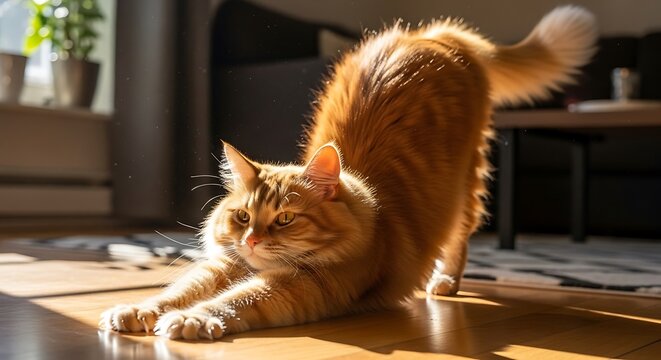 Ginger cat stretching in the sunlight on wooden floor.
