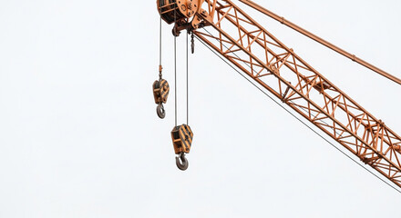 Close up of a construction crane boom and hooks against a bright sky