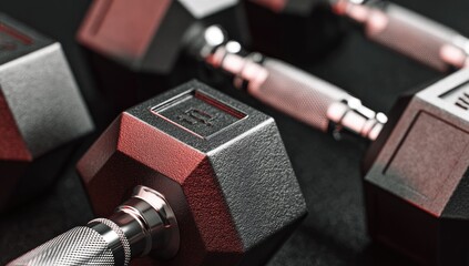 Close-up of multiple hexagonal dumbbells with chrome handles on a dark surface