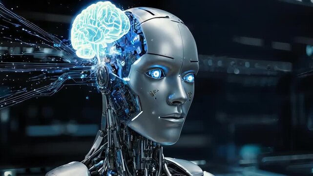 Cybernetic brain of AI computer robot analizing input and processing data