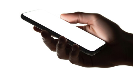 Hand holding a smartphone with a bright white screen against a white background