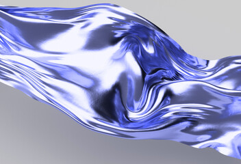 3D illustration shows a flowing, wavy blue metallic fabric against a gray background, with smooth,...