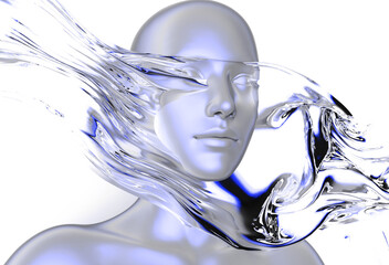3D illustration shows a human head in profile with flowing, liquid-like forms in silver and blue hues covering the eyes, set against a white background, featuring glossy reflections, smooth curves.