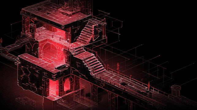 Isometric architectural visualization with red highlights and dark background
