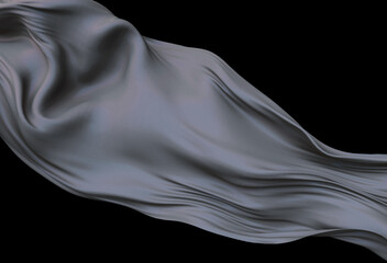 3D illustration depicts a flowing, wavy gray metallic fabric on a black background, featuring smooth, fluid curves, glossy reflections, and abstract shapes evoking liquid motion in subtle gray shades.