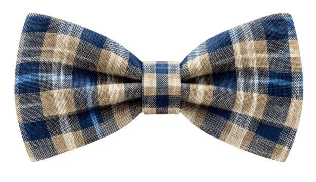 A flat lay, high-angle shot of a plaid patterned bow tie against a black background