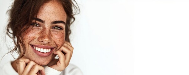 Close up portrait of a young smiling beautiful woman face looking at camera over white background. Copy space.