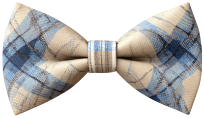 Stylish, woven bowtie, patterned with blue, tan, and black intersecting lines, on a solid background