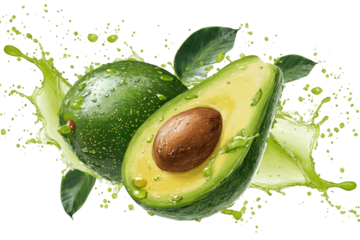 Fresh, green avocados, one halved revealing the seed, with water droplets and splash effects