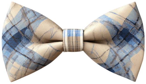 Stylish, woven bowtie, patterned with blue, tan, and black intersecting lines, on a solid background
