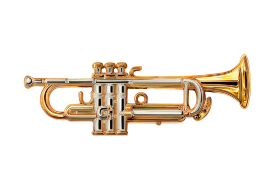 A lustrous golden trumpet, its intricate design and polished metal gleam against a stark black backdrop