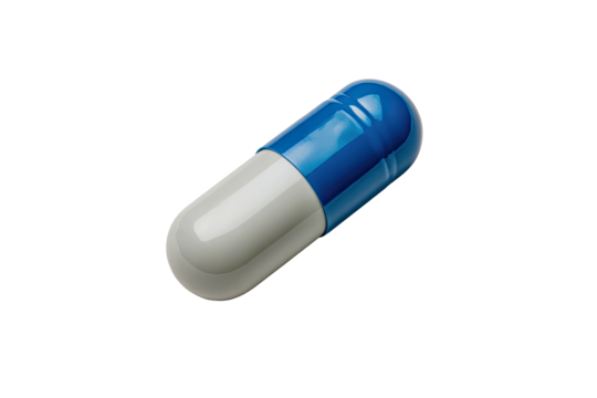 Single pharmaceutical capsule with blue and white color combination floating in complete black background