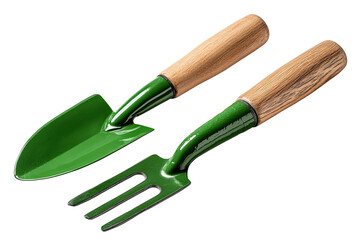 Close-up of two gardening tools a trowel and a hand fork with wooden handles