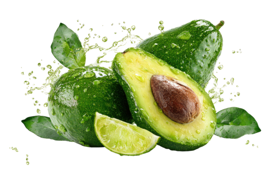 Fresh, healthy avocado composition featuring whole fruits, slices, and splashes, isolated