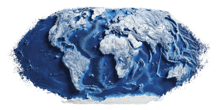 Artistic depiction of Earth in a bathymetric and topographical map, showing land and ocean depths